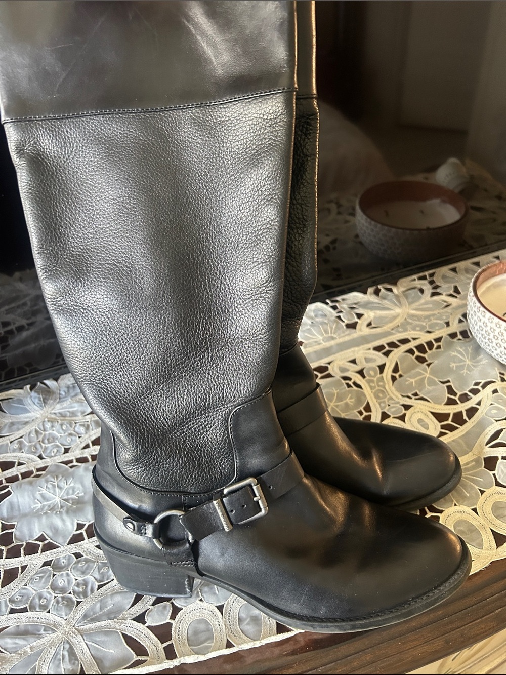 Vince Camuto Harnessed Riding Boots Black Leather Heeled Boots